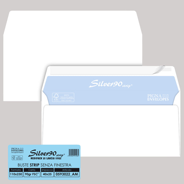 PIGNA - 0593022AM - Busta SILVER90 STRIP FSC  - bianca - internografata - senza finestra - 110 x 230 mm - 90 gr - Pigna - conf. 25 pezzi