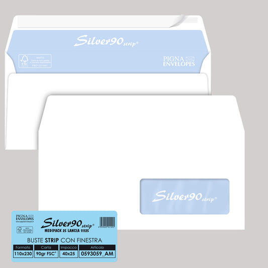 PIGNA - 0593059AM - Busta SILVER90 STRIP FSC  - bianca - internografata - con finestra - 110 x 230 mm - 90 gr - Pigna - conf. 25 pezzi