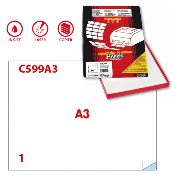 MARKIN - 214C599A3 - Etichette adesive C599 - permanenti - 420 x 297 mm - 1 et-fg - 100 fogli A3 - bianco - Markin