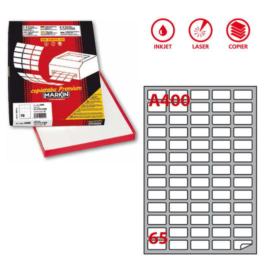 MARKIN - 210A400 - Etichette adesive A400 - permanenti - 38,1 x 21,2 mm - 65 et-fg - 100 fogli A4 - bianco - Markin