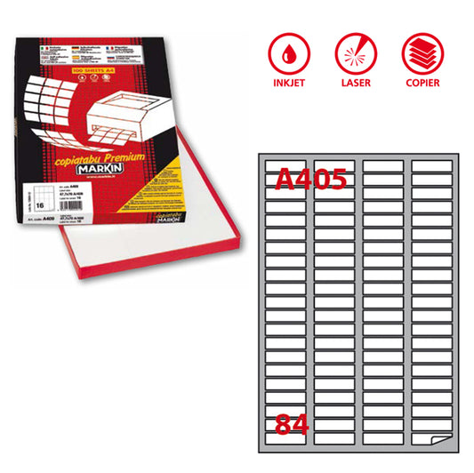 MARKIN - 210A405 - Etichette adesive A405 - permanenti - 46 x 11,1 mm - 84 et-fg - 100 fogli A4 - bianco - Markin