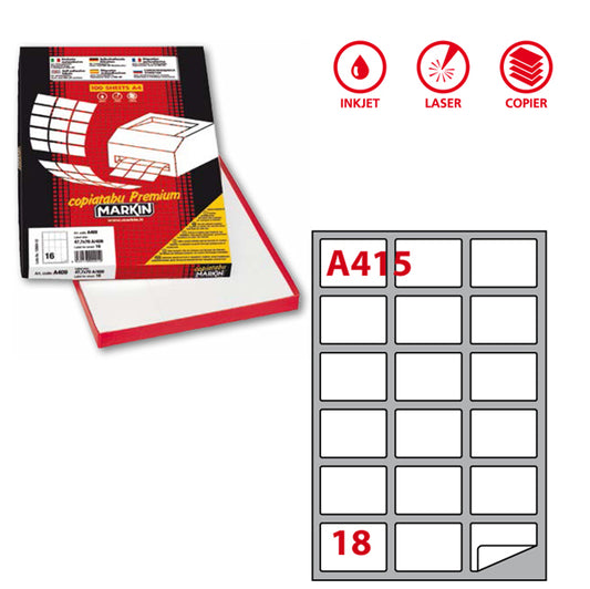 MARKIN - 210A415 - Etichette adesive A415 - permanenti - 63,5 x 46,6 mm - 18 et-fg - 100 fogli A4 - bianco - Markin