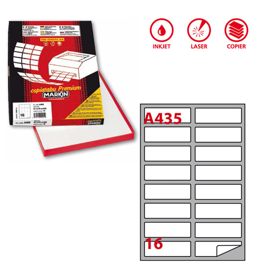 MARKIN - 210A435 - Etichette adesive A435 - permanenti - 99,1 x 34 mm - 16 et-fg - 100 fogli A4 - bianco - Markin