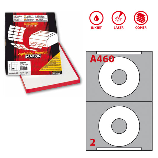 MARKIN - 210A460 - Etichette adesive A460 - per CD - permanenti - diametro CD 114,5 mm - foro 41 mm - 2 et-fg - 100 fogli A4 - bianco - Markin
