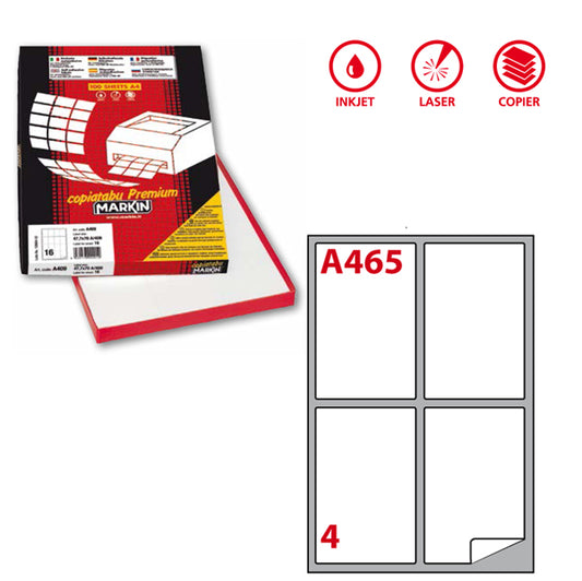 MARKIN - 210A465 - Etichette adesive A465 - permanenti - 139 x 99,1 mm - 4 et-fg - 100 fogli A4 - bianco - Markin