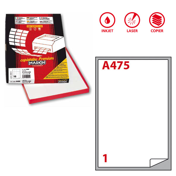 MARKIN - 210A475 - Etichette adesive A475 - permanenti - 199,6 x 289,1 mm - 1 et-fg - 100 fogli A4 - bianco - Markin