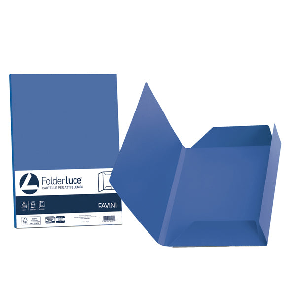 FAVINI - A50K434 - Cartelline 3 lembi Luce - 200 gr - 24,5x34,5 cm - blu prussia - Favini - conf. 25 pezzi