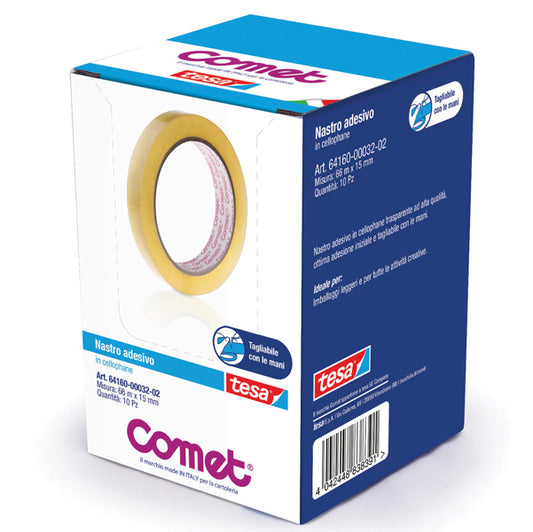 COMET - 64160-00032-02 - Nastro adesivo - 66 m x 1,5 cm - cellophane - trasparente - Comet