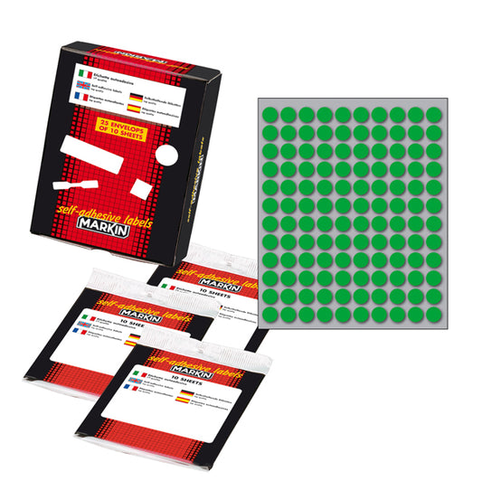 MARKIN - 10004VE - Etichette adesive - permanenti - diametro 10 mm - 120 et-fg - 10 fogli - verde - Markin