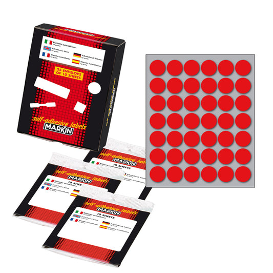 MARKIN - 10006RO - Etichette adesive - permanenti - diametro 18 mm - 42 et-fg - 10 fogli - rosso - Markin