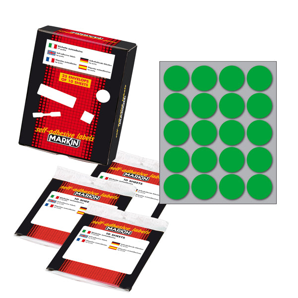 MARKIN - 10008VE - Etichette adesive - permanenti - diametro 27 mm - 20 et-fg - 10 fogli - verde - Markin