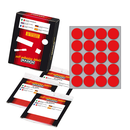 MARKIN - 10008RO - Etichette adesive - permanenti - diametro 27 mm - 20 et-fg - 10 fogli - rosso - Markin