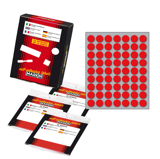 MARKIN - 10005RO - Etichette adesive - permanenti - diametro 14 mm - 63 et-fg - 10 fogli - rosso - Markin