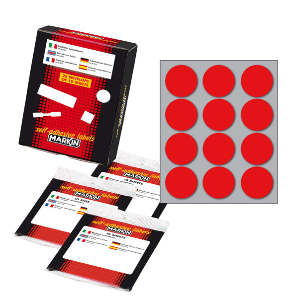 MARKIN - 10009RO - Etichette adesive - permanenti - diametro 34 mm - 12 et-fg - 10 fogli - rosso - Markin