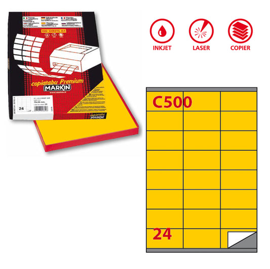 MARKIN - 210C500GI - Etichette adesive C500 - permanenti - 70 x 36 mm - 24 et-fg -  100 fogli A4 - 100 fogli A4 - giallo - Markin