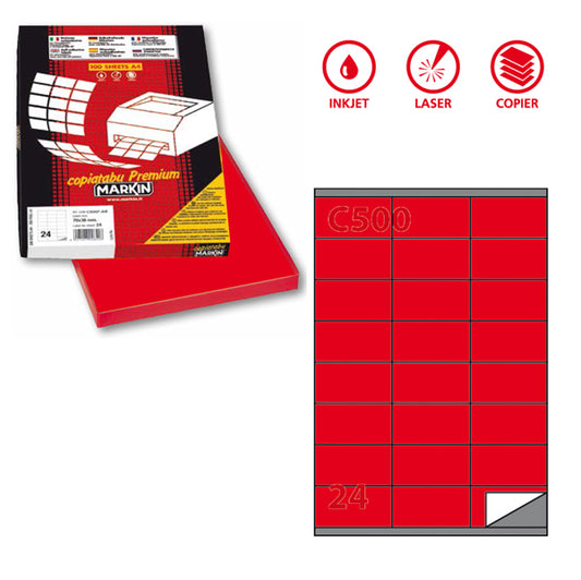 MARKIN - 210C500R - Etichette adesive C500 - permanenti - 70 x 36 mm - 24 et-fg - 100 fogli A4 - rosso - Markin