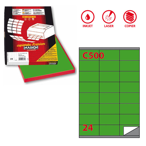 MARKIN - 210C500VE - Etichette adesive C500 - permanenti - 70 x 36 mm - 24 et-fg - 100 fogli A4 - verde - Markin