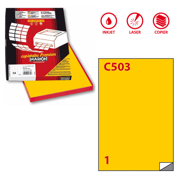 MARKIN - 210C503GI - Etichette adesive C503 - permanenti - 210 x 297 mm - 1 et-fg - 100 fogli A4 - giallo - Markin