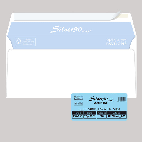 PIGNA - 0170569AM - Busta Silver90 Strip FSC  - senza finestra - internografata - 11 x 23 cm - 90 gr - bianco - Pigna - conf. 500 pezzi