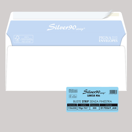 PIGNA - 0170569AM - Busta Silver90 Strip FSC  - senza finestra - internografata - 11 x 23 cm - 90 gr - bianco - Pigna - conf. 500 pezzi
