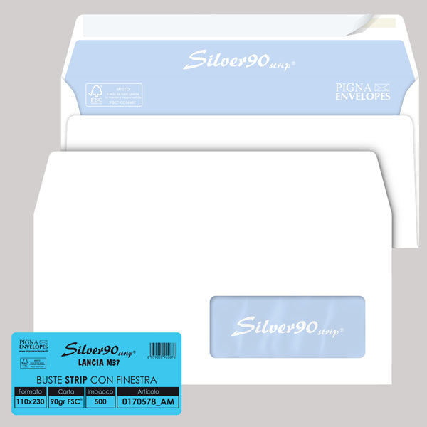 PIGNA - 0170578AM - Busta Silver90 Strip FSC  - con finestra - internografata - 11 x 23 cm - 90 gr - bianco - Pigna - conf. 500 pezzi
