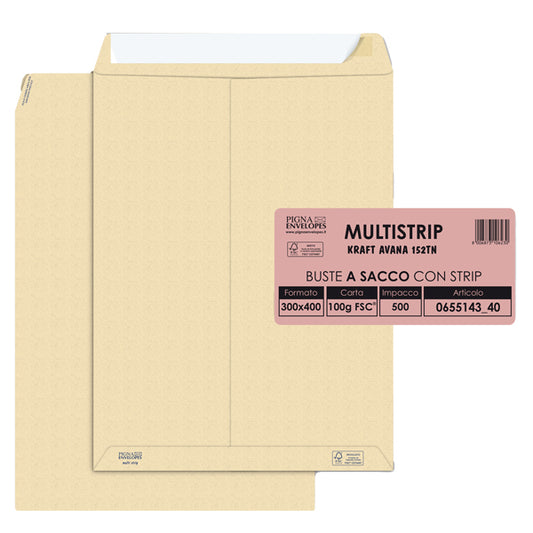 PIGNA - 065514340 - Busta a sacco Multi Strip - strip adesivo - 30 x 40 cm - 100 gr - carta riciclata FSC  - avana - Pigna - conf. 500 pezzi