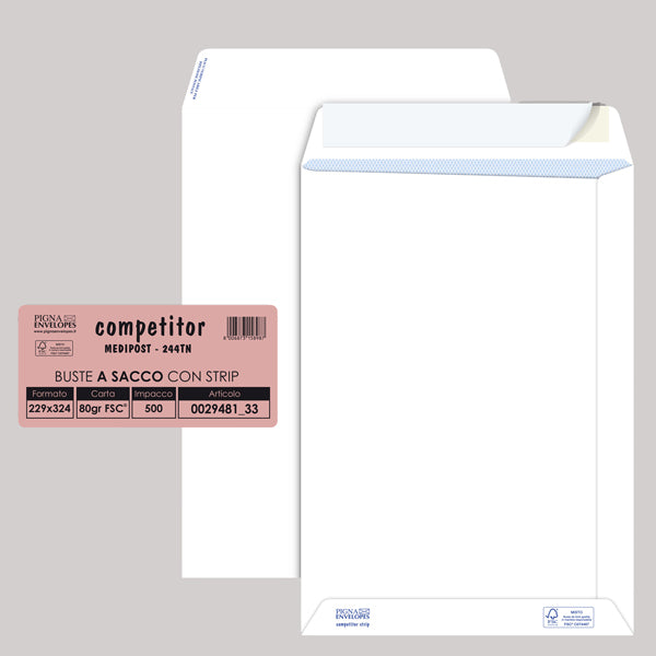 PIGNA - 002948133 - Busta a sacco Competitor FSC  - strip adesivo - 23 x 33 cm - 80 gr - bianco - Pigna - conf. 500 pezzi