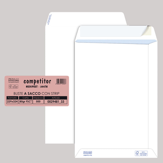 PIGNA - 002948133 - Busta a sacco Competitor FSC  - strip adesivo - 23 x 33 cm - 80 gr - bianco - Pigna - conf. 500 pezzi