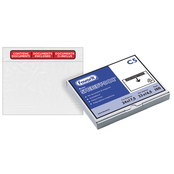 FAVORIT - 100500098 - Busta Speedy Doc - adesiva - con stampa ''contiene documenti'' - C5 (23 x 165, cm) - Favorit - conf. 100 pezzi