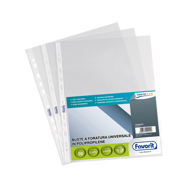 FAVORIT - 100460025 - Buste forate Special PP - Superior - liscio - 21x29,7 cm - trasparente - Favorit - conf. 50 pezzi