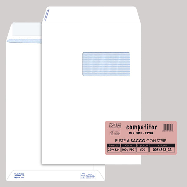 PIGNA - 005439333 - Busta a sacco Competitor FSC  - strip adesivo - con finestra - 23 x 33 cm - 100 gr - bianco - Pigna - conf. 500 pezzi