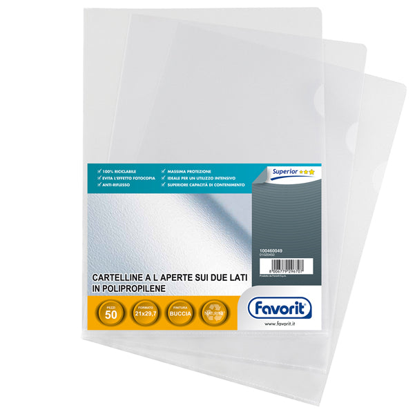 FAVORIT - 100460049 - Cartelline a L Pratic - Superior - PPL - buccia - 21x29,7 cm - trasparente - Favorit - conf. 50 pezzi