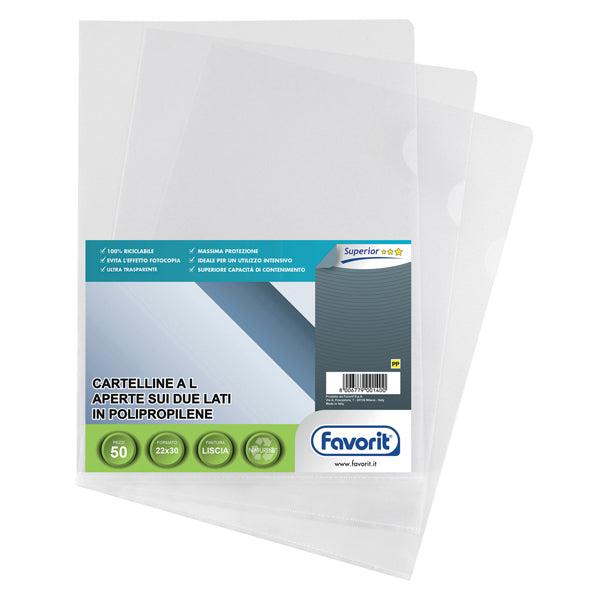 FAVORIT - 100460047 - Cartelline a L Pratic - Superior - PPL - liscio - 22x30 cm - trasparente - Favorit - conf. 50 pezzi
