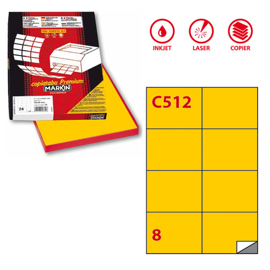 MARKIN - 210C512G - Etichette adesive C512 - permanenti - 105 x 74,25 mm - 8 et-fg - 100 fogli A4 - giallo - Markin