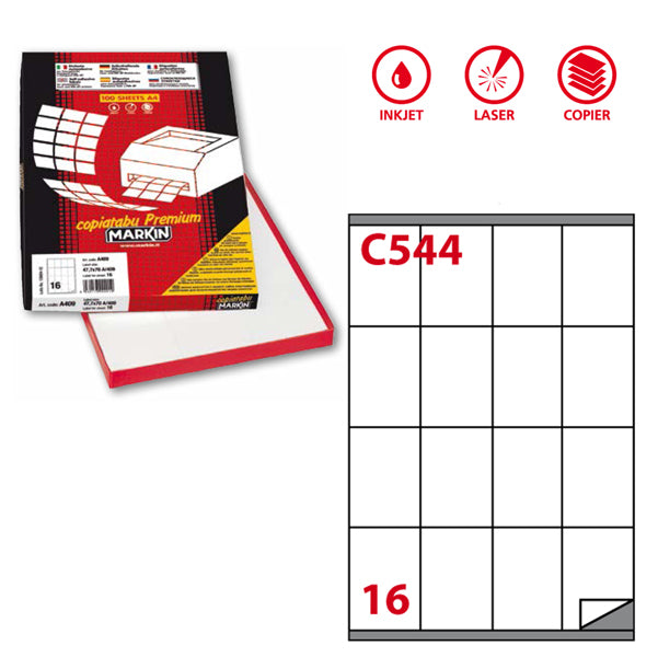MARKIN - 210C544 - Etichette adesive C544 - permanenti - 72 x 53 mm - 16 et-fg - 100 fogli A4 - bianco - Markin