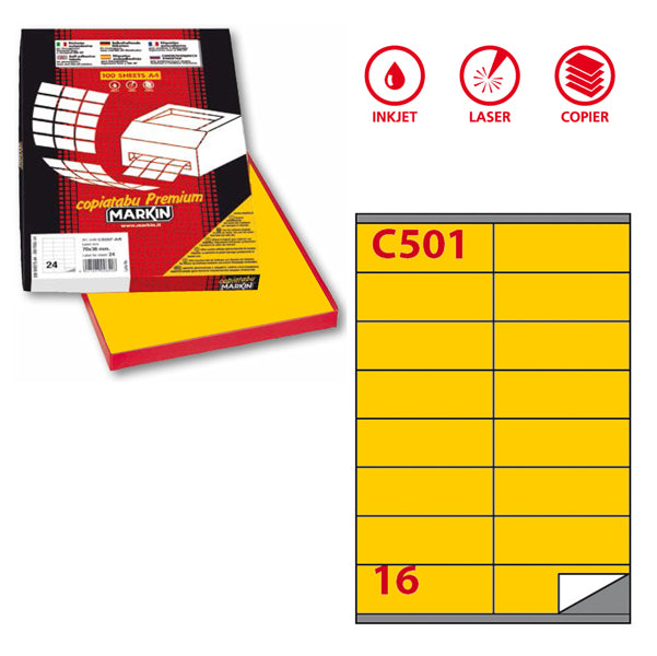 MARKIN - 210C501GI - Etichette adesive C501 - permanenti - 105 x 36 mm - 16 et-fg - 100 fogli A4 - giallo - Markin