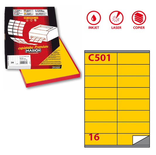 MARKIN - 210C501GI - Etichette adesive C501 - permanenti - 105 x 36 mm - 16 et-fg - 100 fogli A4 - giallo - Markin