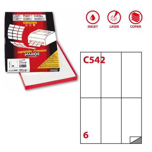 MARKIN - 210C542 - Etichette adesive C542 - permanenti - 70 x 148 mm - 6 et-fg - 100 fogli A4 - bianco - Markin