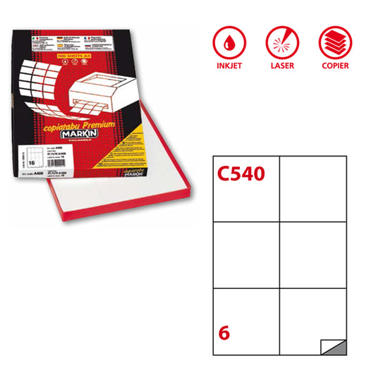 MARKIN - 210C540 - Etichette adesive C540 - permanenti - 105 x 99 mm - 6 et-fg - 100 fogli A4 - bianco - Markin