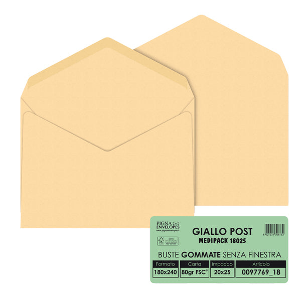 PIGNA - 009776918 - Busta Giallo Postale - gommata - 18 x 24 cm - 80 gr - carta riciclata FSC  - giallo - Pigna - conf. 25 pezzi