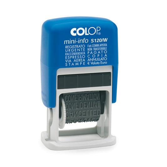 COLOP - S120-W-BLS - Timbro Mini Info S120-W Polinomio - 12 diciture 4 mm - autoinchiostrante - Colop