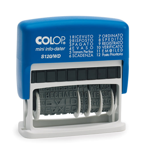COLOP - S120-WD - Timbro Mini Info Dater S120-WD Datario + Polinomio - 12 diciture 4 mm - autoinchiostrante - Colop