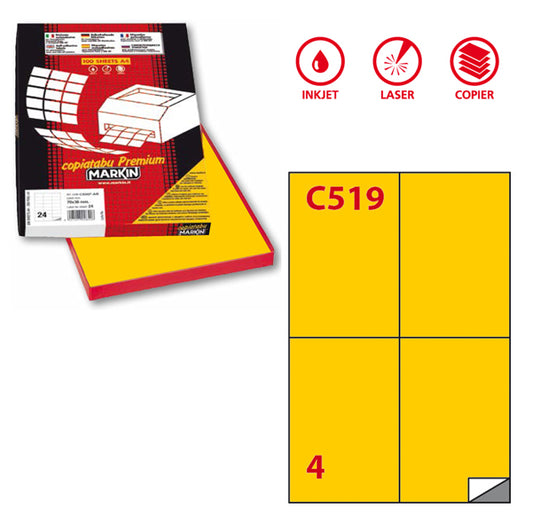 MARKIN - 210C519GI - Etichette adesive C519 - permanenti - 105  x 148,5 mm - 4 et-fg - 100 fogli A4 - giallo - Markin