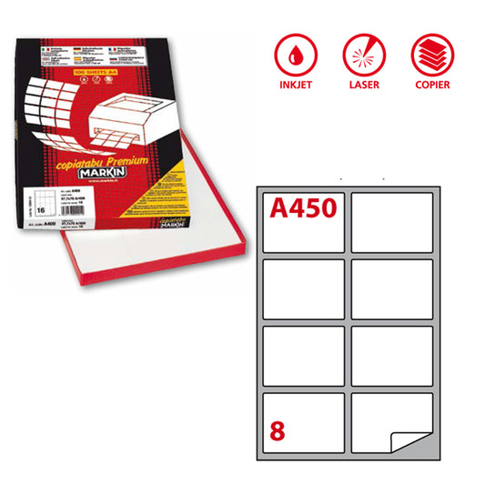 MARKIN - 210A450 - Etichette adesive A450 - permanenti - 99,1 x 67,7 mm - 8 et-fg - 100 fogli A4 - bianco - Markin