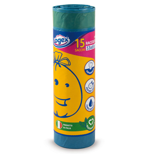 LOGEX PROFESSIONAL - 632LX01 - Sacchi per immondizia con maniglie - 53x65 cm - 40 L - 25 micron - blu - Logex Professional - rotolo da 15 sacchetti