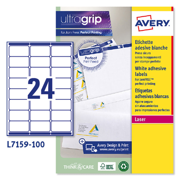 AVERY - L7159-100 - Etichette adesive L7159 - permanenti - 63,5 x 33,9 mm - 24 et-fg - 100 fogli A4 - bianco - Avery