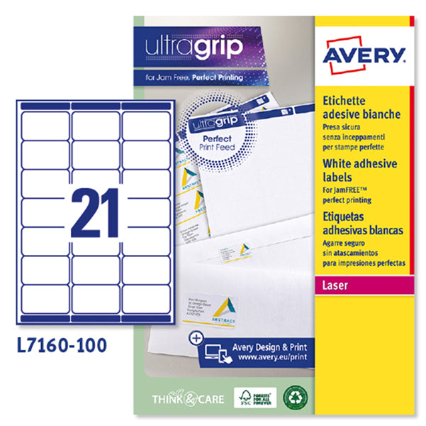 AVERY - L7160-100 - Etichette adesive L7160 - permanenti - 63,5 x 38,1 mm - 21 et-fg - 100 fogli A4 - bianco - Avery