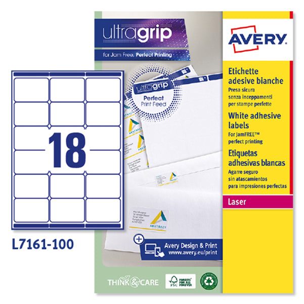 AVERY - L7161-100 - Etichette adesive L7161 - permanenti - 63,5 x 46,6 mm - 18 et-fg - 100 fogli A4 - bianco - Avery