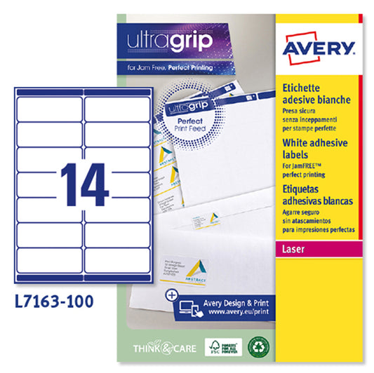 AVERY - L7163-100 - Etichette adesive L7163 - permanenti - 99,1 x 38,1 mm - 14 et-fg - 100 fogli A4 - bianco - Avery