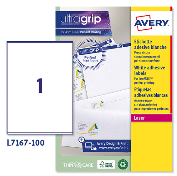 AVERY - L7167-100 - Etichette adesive L7167 - permanenti - 199,6 x 289,1 mm - 1 et-fg - 100 fogli A4 - bianco - Avery